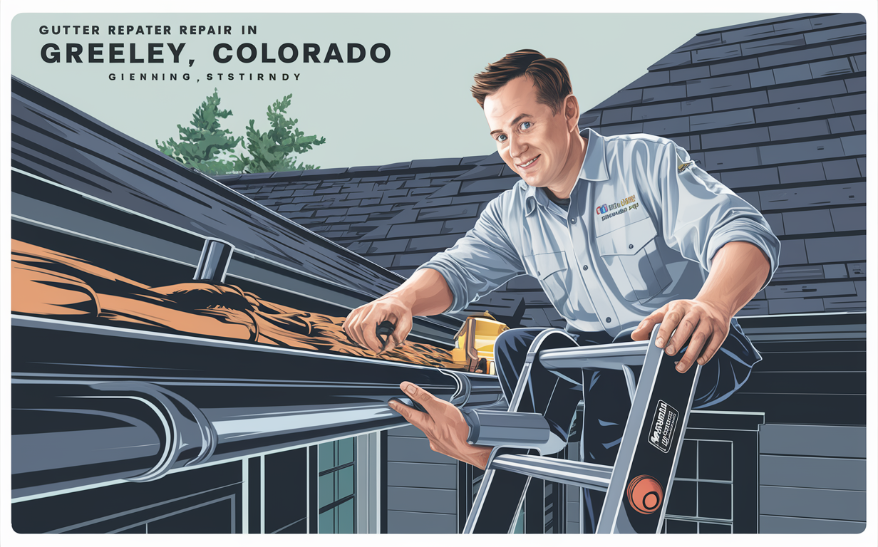 Gutter Repater Repair Technician Working on Roof in Greeley, Colorado An illustration of a smiling technician in uniform repairing or maintaining gutters on a roof in Greeley, Colorado, with trees and a building in the background.