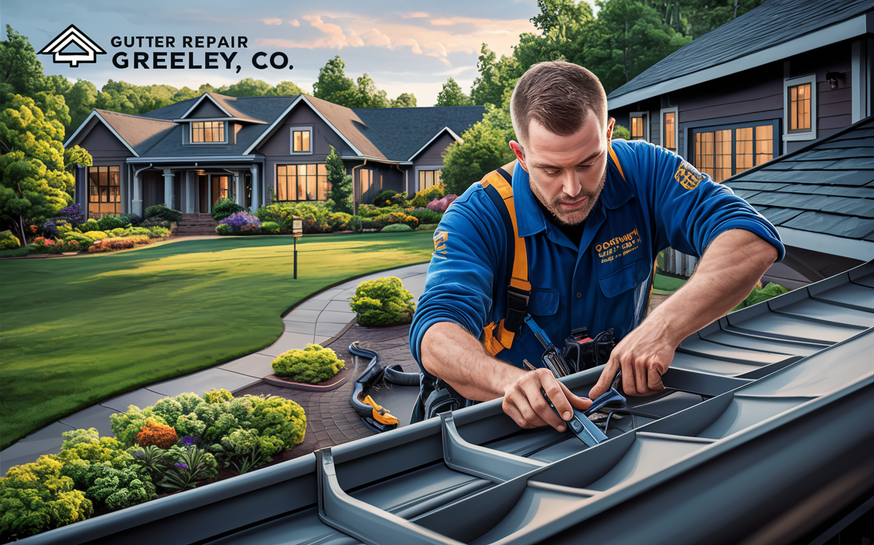 Professional Gutter Repair Service in Greeley, Colorado A contractor in uniform working on gutter repair for a luxurious residential property in Greeley, Colorado