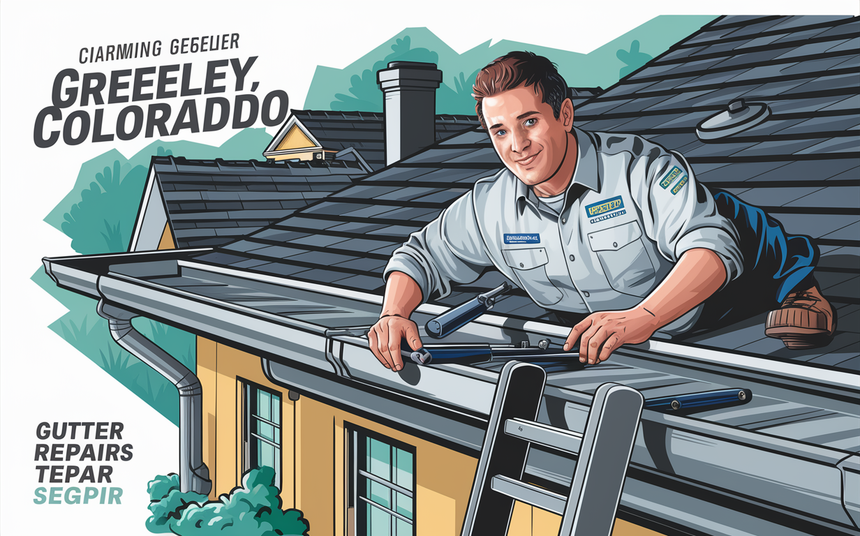 Grompt Techncoas Solar Panel Installation Services in Greeley, Colorado An illustration depicting technicians from Grompt Techncoas company installing solar panels on a residential rooftop in Greeley, Colorado, with one technician working on the roof and another on a ladder.