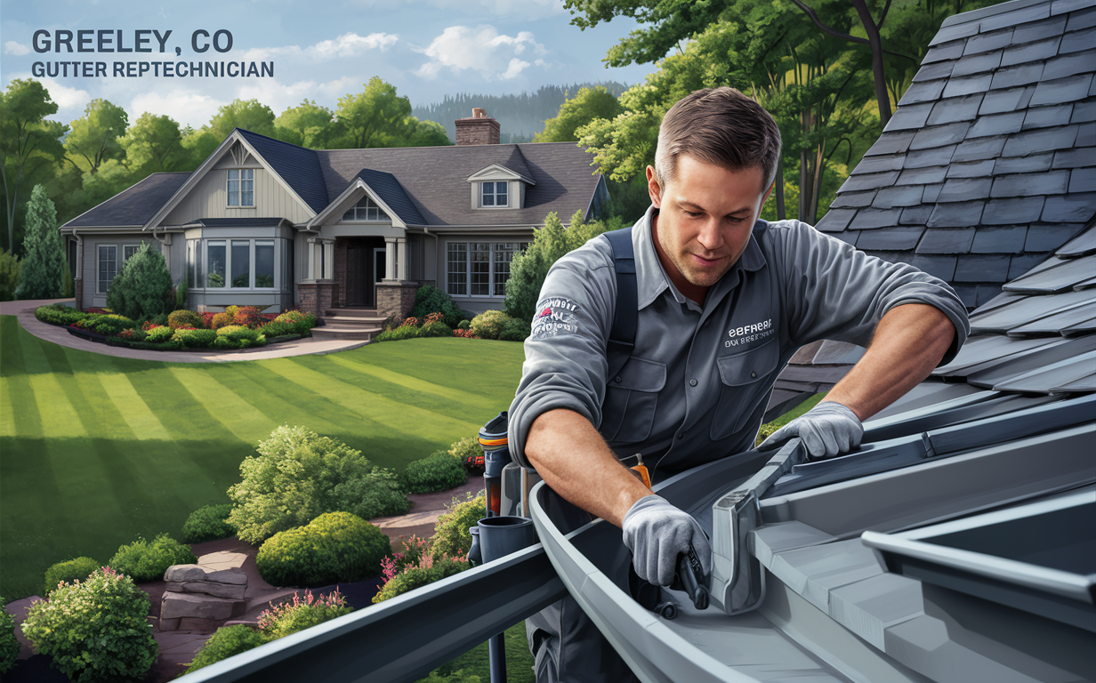 Smiling Gutter Repair Technician in Greeley, Colorado An illustration of a friendly and skilled gutter repair technician wearing a uniform and holding a ladder, standing in front of a residential house in Greeley, Colorado, offering top-rated gutter repair services.