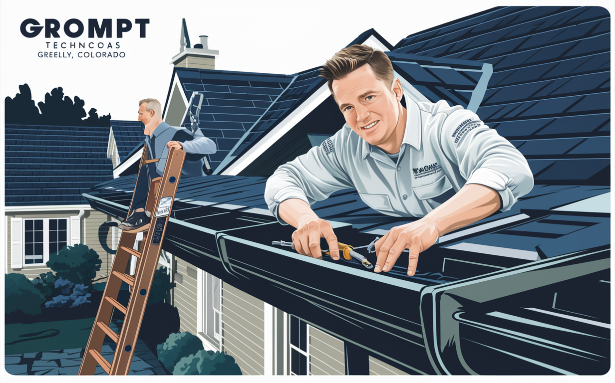 Gutter Repair Technician Working on a Roof in Greeley, Colorado An illustration depicting a gutter repair technician wearing a uniform with the Tepar Segpir logo, working on the roof of a residential house in Greeley, Colorado. The image showcases the mountains and scenery of the area.