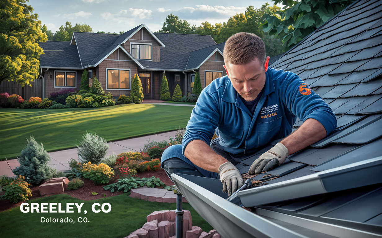 Gutter Repair Technician Working on House in Greeley, CO A technician in uniform repairing the gutters of a beautiful residential home with landscaped yard in Greeley, Colorado