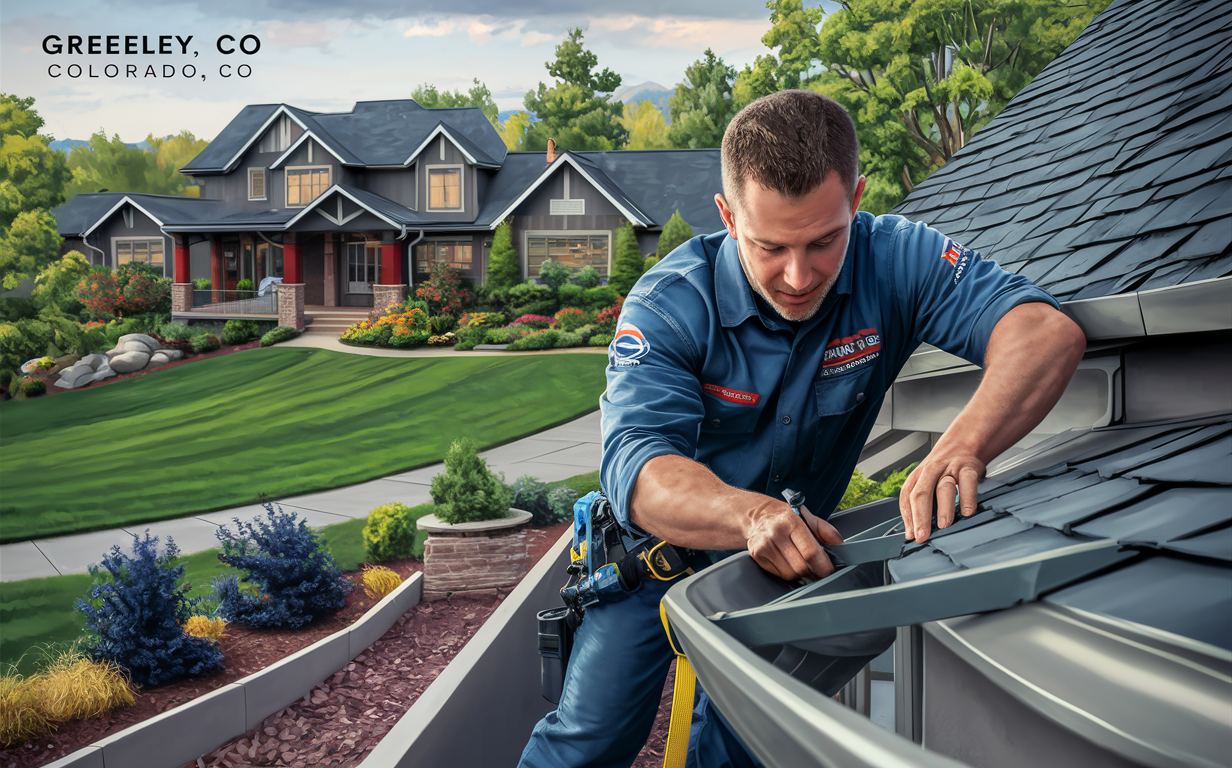 Gutter Repair Technician Working on Roof of Suburban Home A gutter repair technician in a gray uniform is inspecting and working on the gutters of a large suburban home with a well-maintained yard and landscaping.